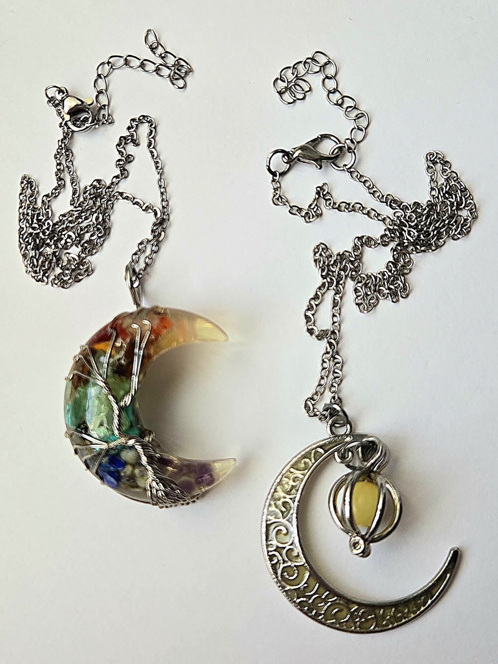 Celestial Crescent Moon Necklace Bundle 2pcs - Chakra Gemstone, Glow-in-the-Dark
